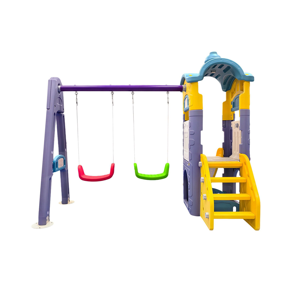 Keezi kids 4-in-1 slide swing set with double swings, basketball hoop, and playhouse for active children.