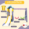 Keezi kids 4-in-1 slide swing set with double swings, basketball hoop, and playhouse for active children's outdoor play.