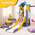 Keezi Kids 4-in-1 slide, double swing, basketball hoop, and playhouse activity toy for children in vibrant colors.