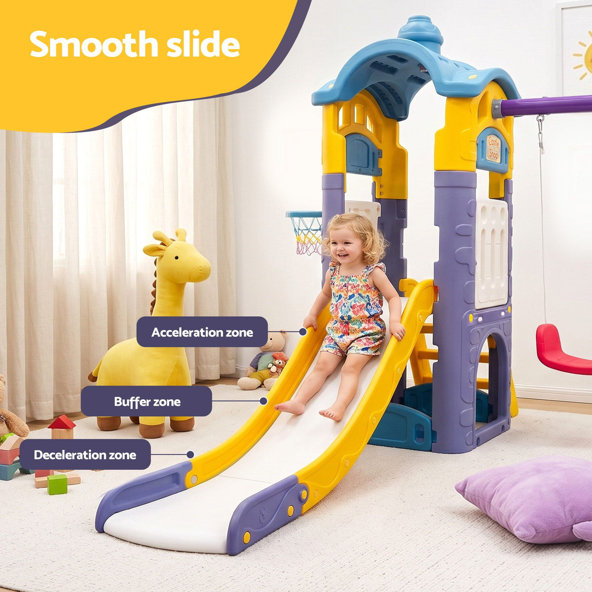 Keezi Kids 4-in-1 slide, double swing, basketball hoop, and playhouse activity toy for children in vibrant colors.
