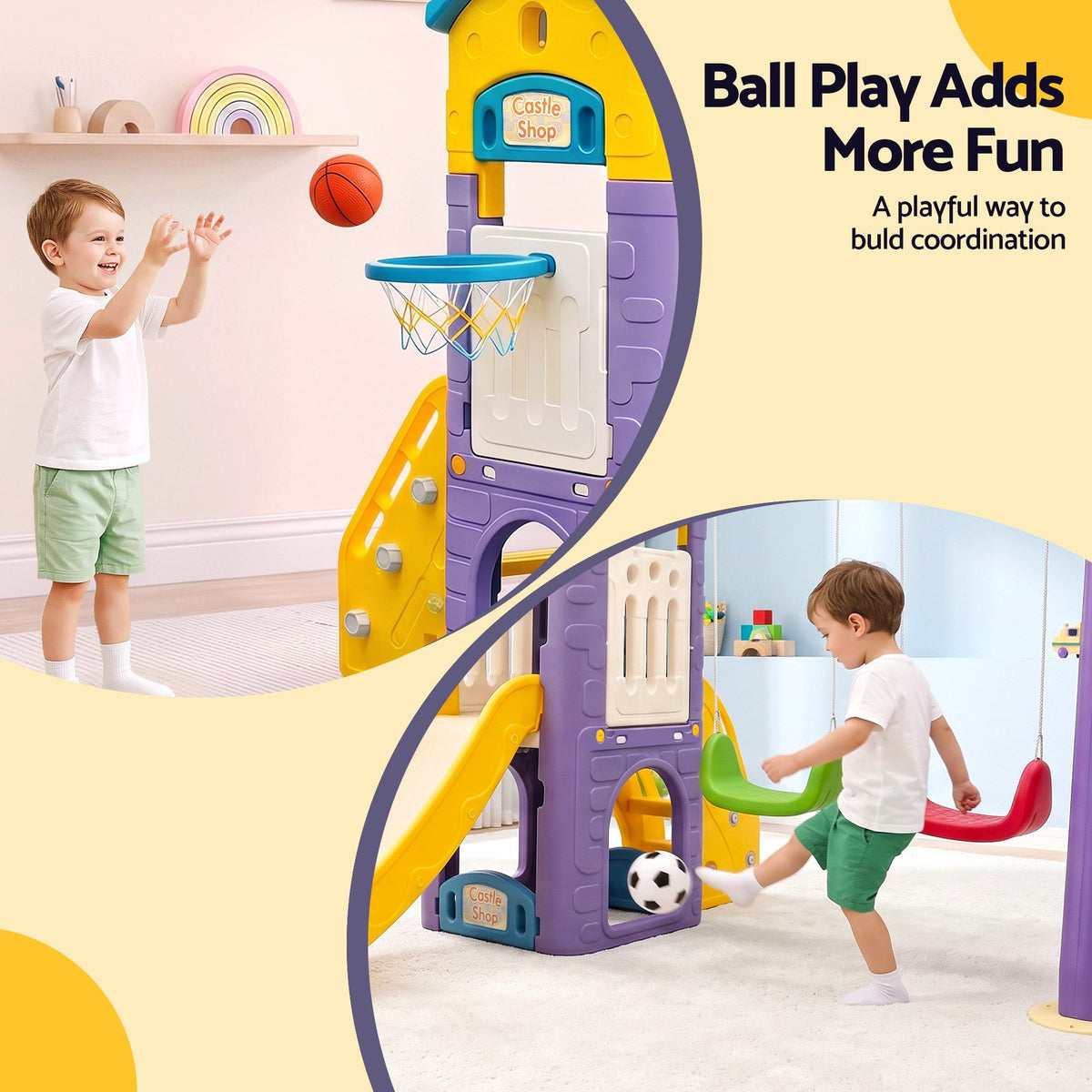 Keezi 4-in-1 kids' slide swing set with double swings, basketball hoop, and playhouse for outdoor activity and fun.