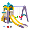 Keezi kids 4-in-1 slide swing set with double swings, basketball hoop, and playhouse for active outdoor fun.
