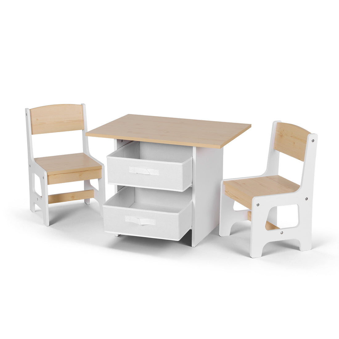 Keezi kids wooden table and 2 chairs set with storage drawers, ideal for toddlers' drawing, crafts, reading, and eating activities.