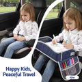 Keezi Kids travel lap desk in blue, portable car seat organizer with storage for kids, ideal for car and airplane use.