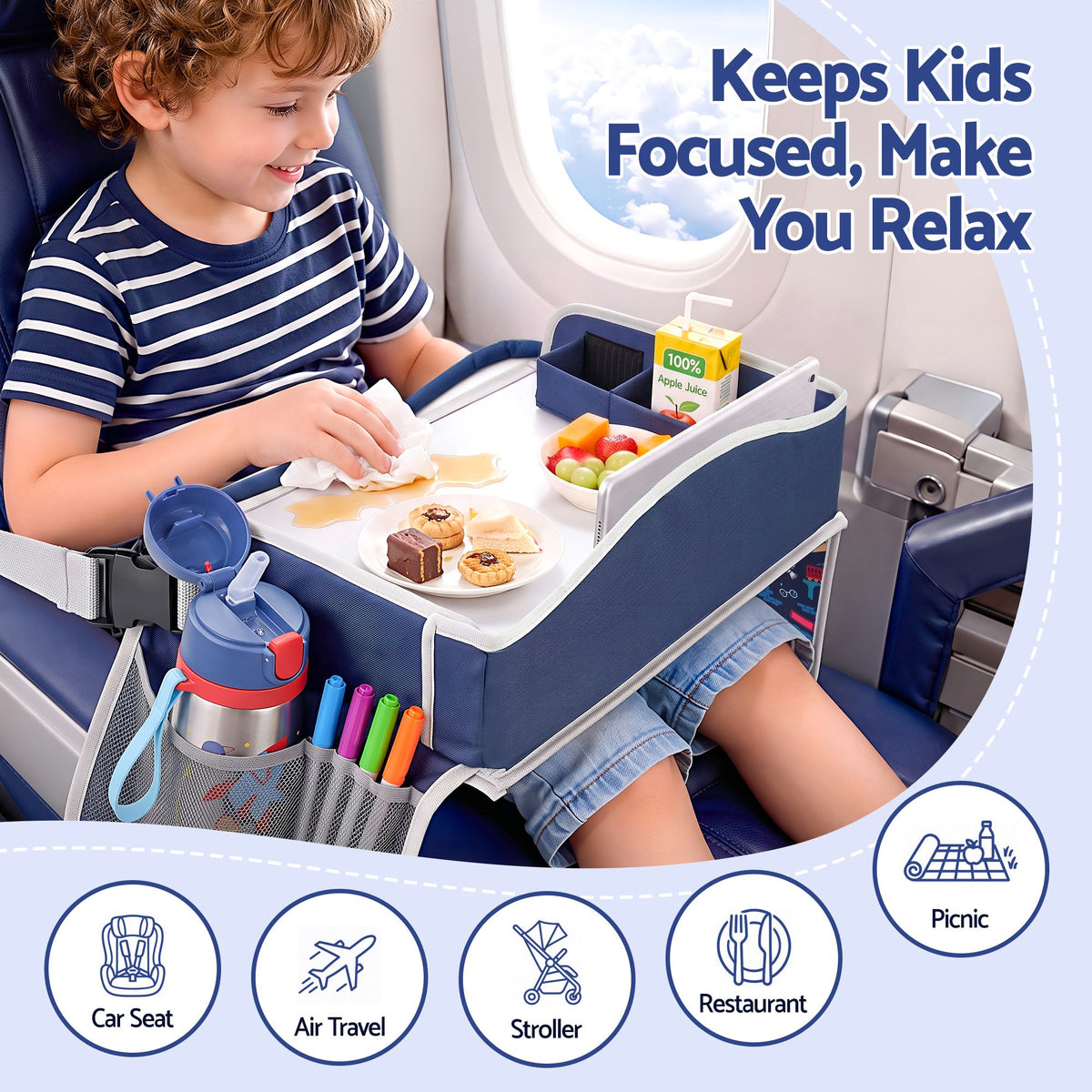 Keezi kids travel lap desk in blue, portable car seat organizer for children, ideal for car and airplane use