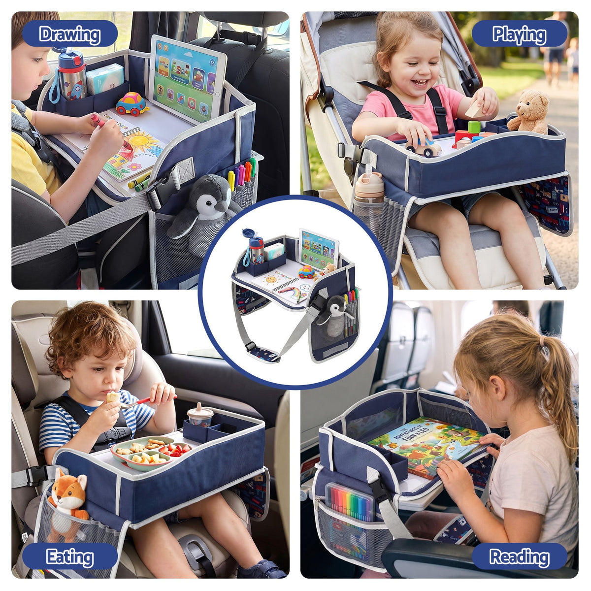 Keezi Kids travel lap desk in blue with organizer for car and airplane, portable kid’s desk suitable for car and travel use