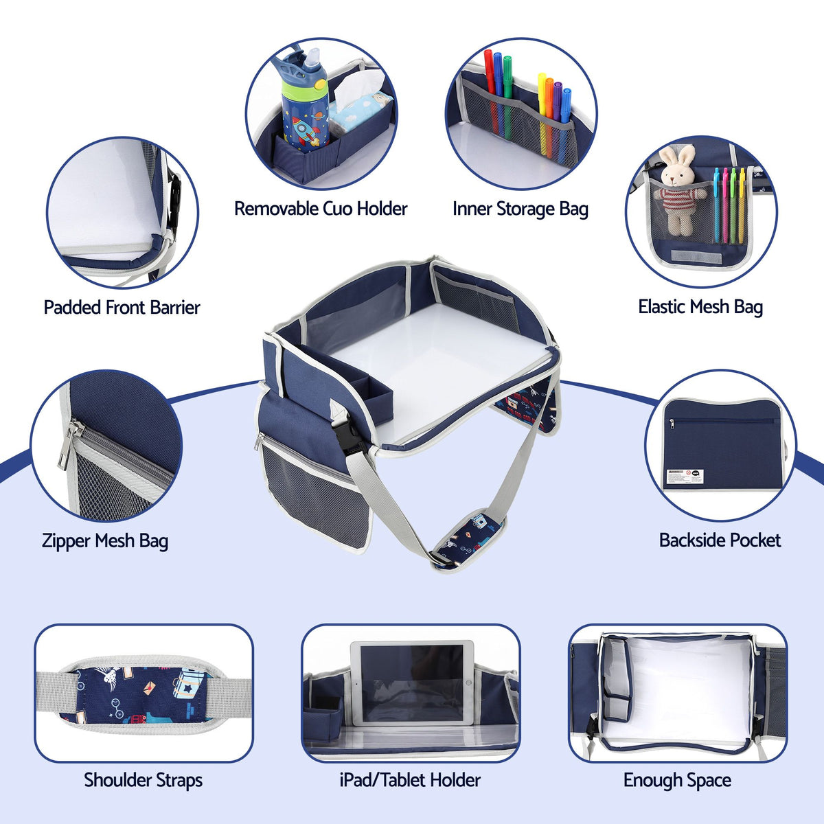 Keezi kids travel tray in blue, portable car seat lap desk organizer for children, suitable for car and airplane use.