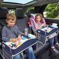 Keezi kids travel lap desk in blue, portable car seat desk organizer for children, suitable for car and airplane use.