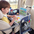 Keezi Kids travel tray in blue with lap desk and organizer, designed for car seats and airplanes for kids' comfort.