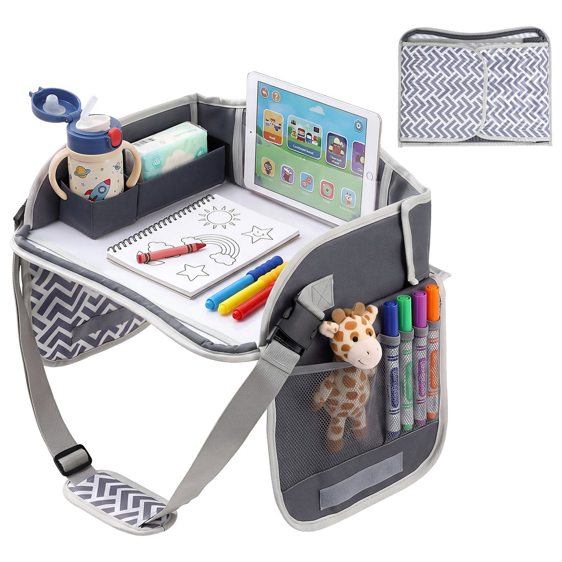 Grey Keezi Kids Travel Tray car seat lap desk for kids, portable organizer for car and airplane use, from Everything Baby.