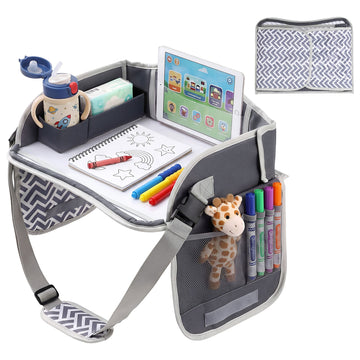 Grey Keezi Kids Travel Tray car seat lap desk for kids, portable organizer for car and airplane use, from Everything Baby.