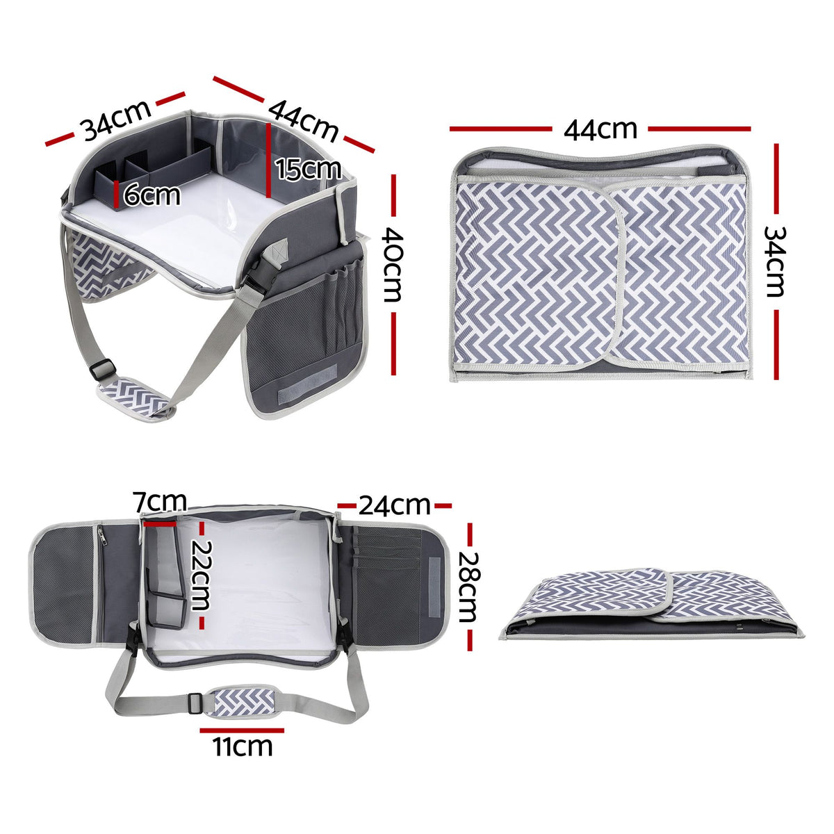 Keezi Kids Travel Tray in grey, portable car seat lap desk with organizer for car and airplane use, suitable for children.