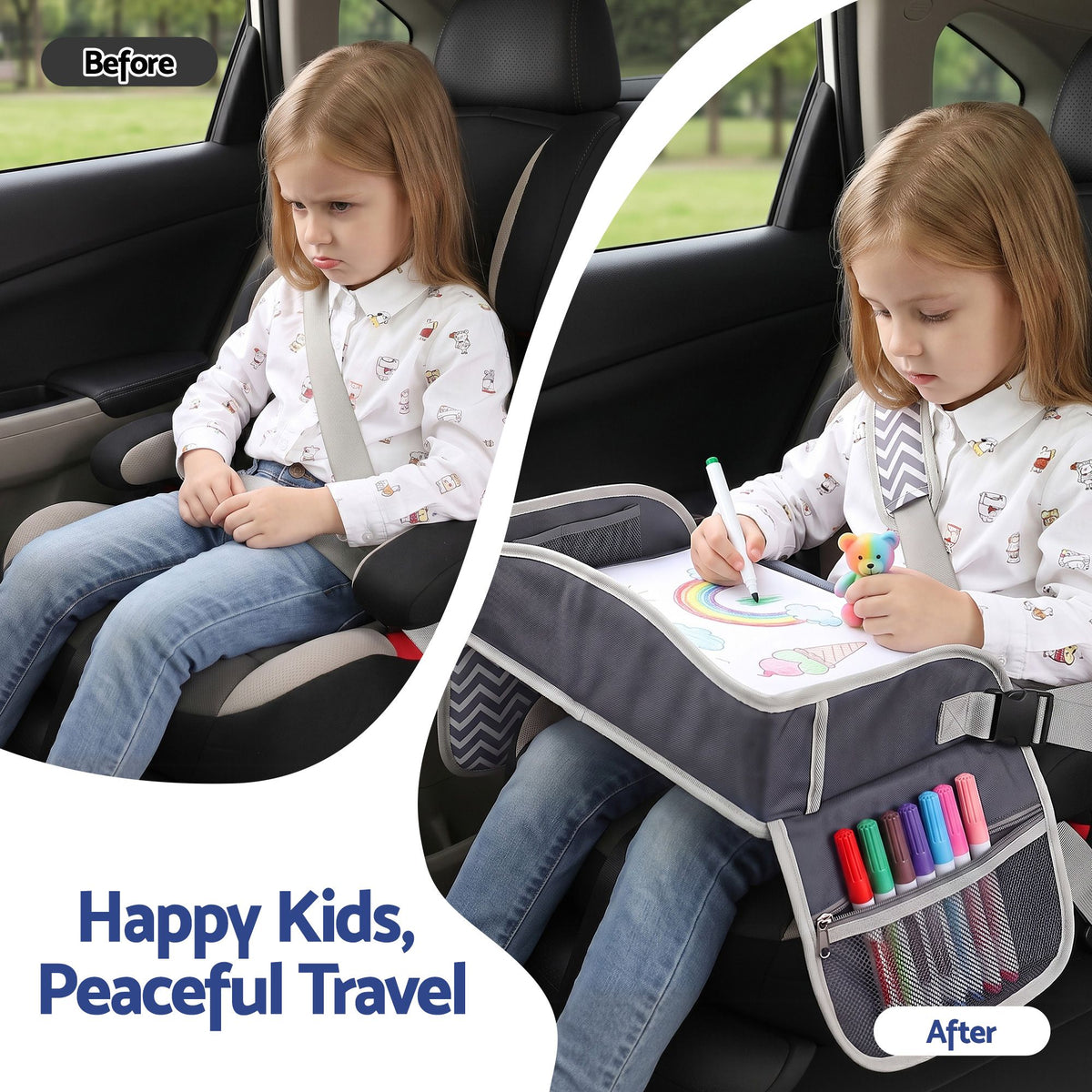 Grey Keezi Kids Travel Tray car seat lap desk, portable organizer for kids, suitable for car and airplane use