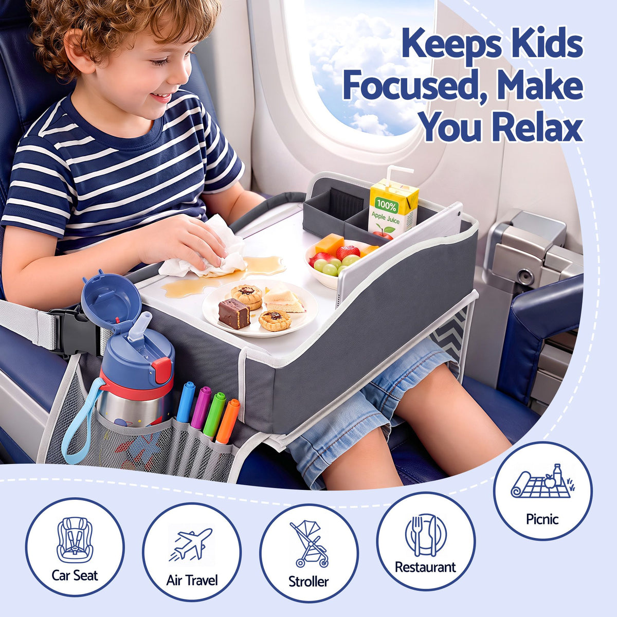 Keezi Kids travel tray car seat lap desk in grey, portable organizer for children, suitable for cars and airplanes.
