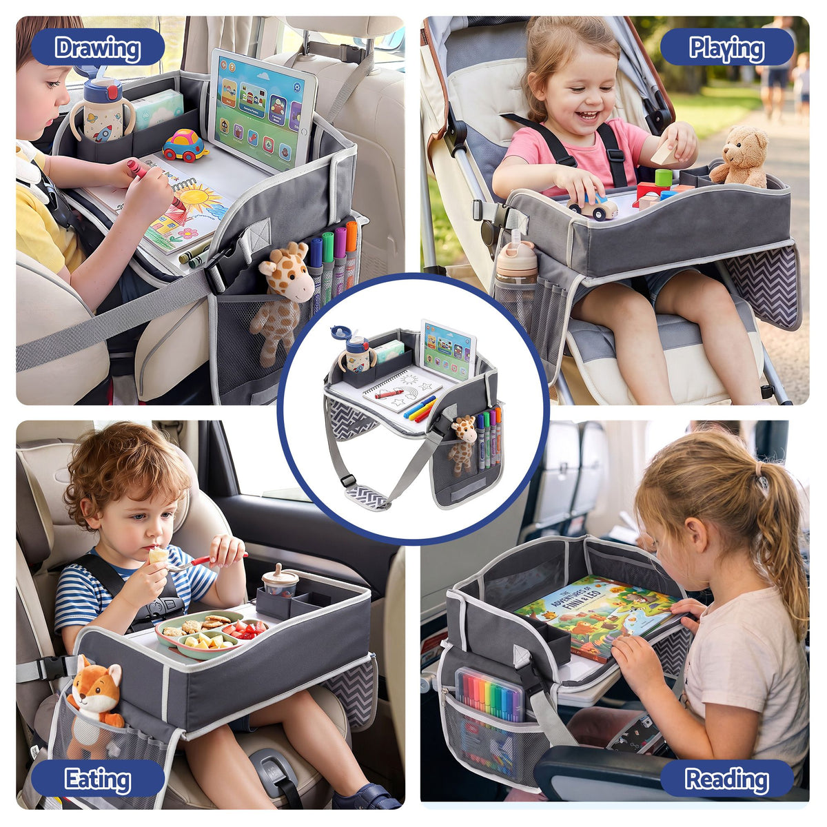 Grey Keezi Kids Travel Tray car seat lap desk with organizer, portable and suitable for car and airplane use.