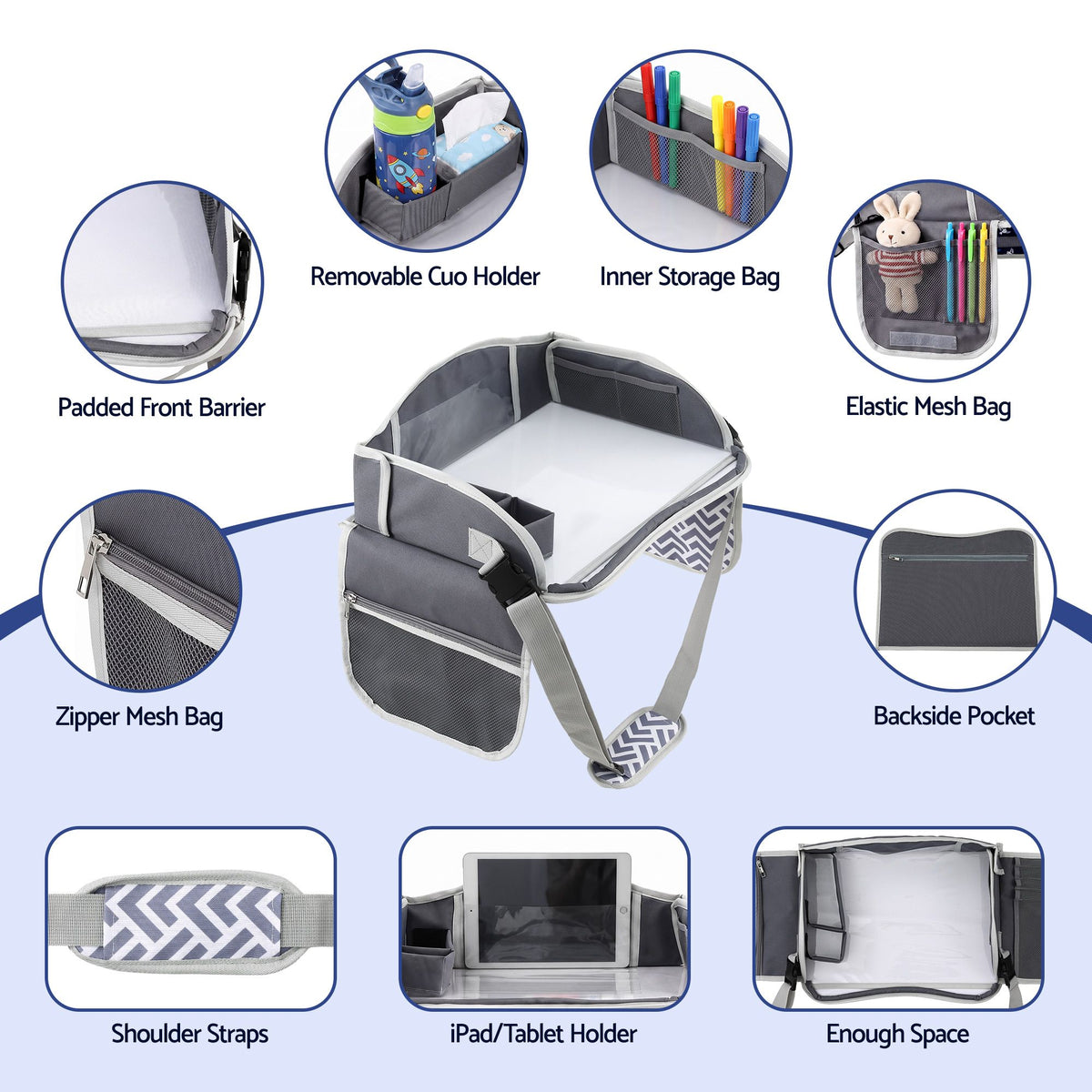 Grey Keezi Kids Travel Tray for car seat and airplane, portable lap desk and organizer for children, from Everything Baby.