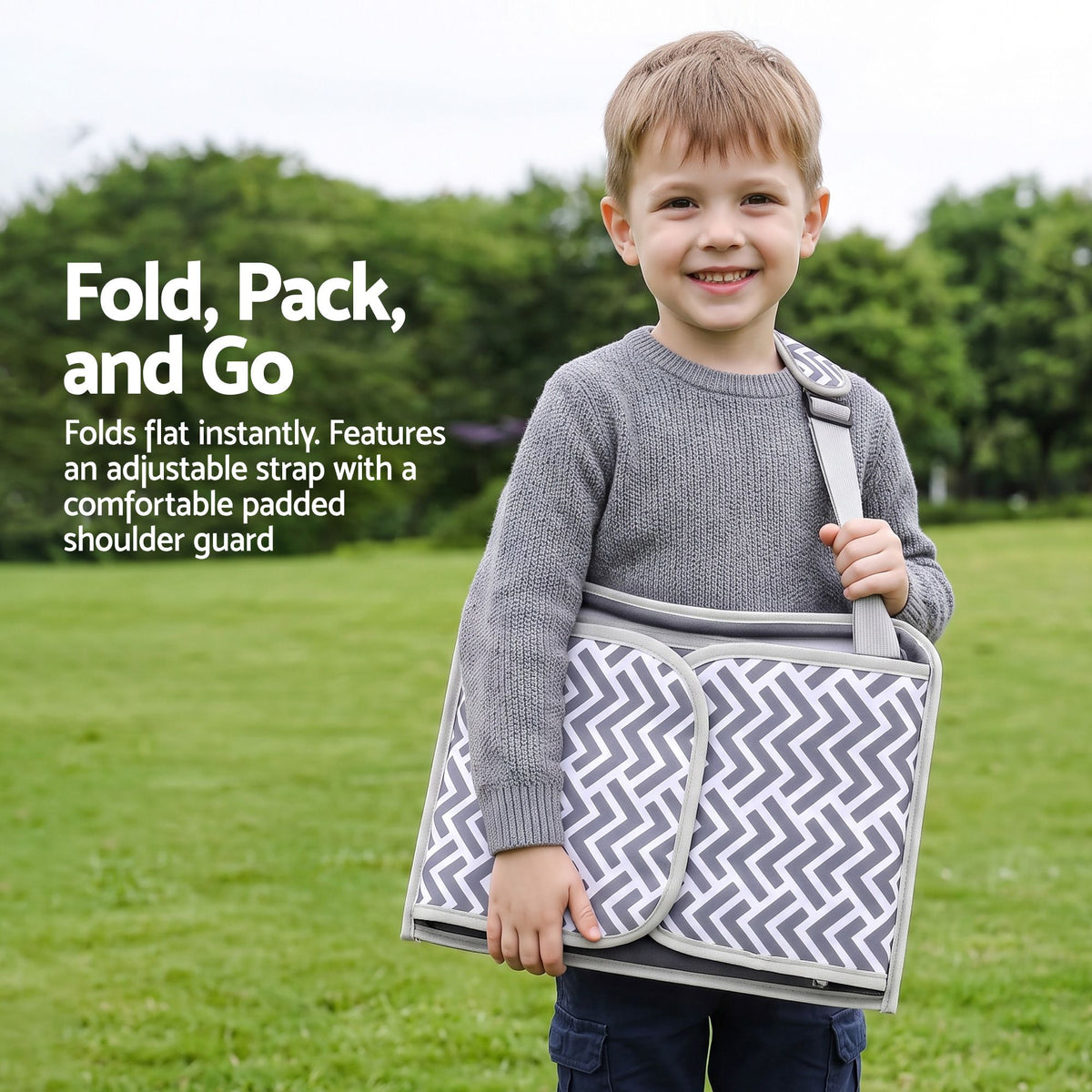 Keezi kids travel lap desk in grey, portable car seat organizer with compartments for toys and snacks, suitable for car and airplane use.