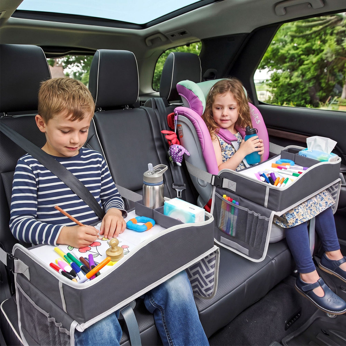 Grey Keezi Kids Travel Tray Car Seat Lap Desk for children, portable car and airplane desk organizer with child-friendly design.