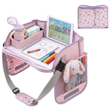 Pink Keezi kids travel tray, portable car seat lap desk and organizer for kids, suitable for car and airplane use.