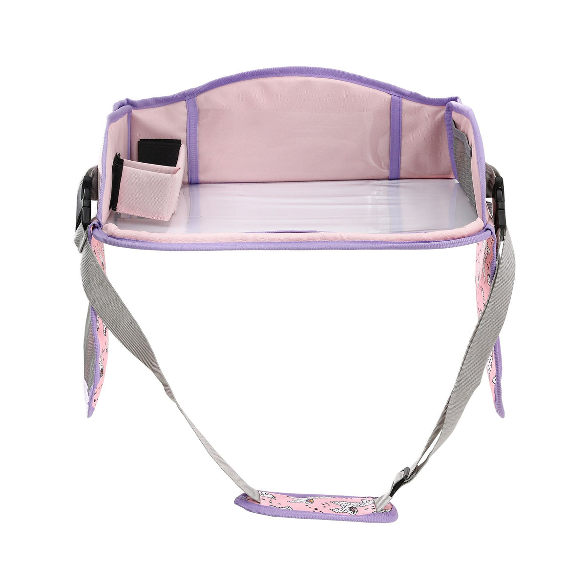 Pink Keezi kids travel tray car seat lap desk, portable organizer for car and airplane, designed for children's comfort and convenience.