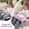 Pink Keezi Kids Travel Tray car seat lap desk, portable organizer for children, designed for car and airplane use.