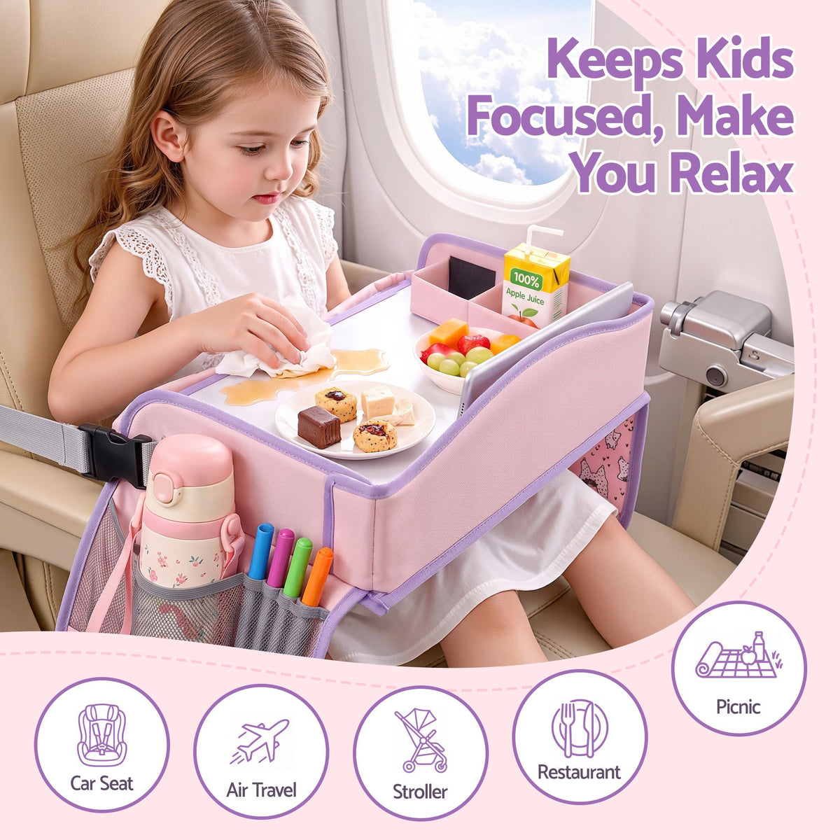 Pink Keezi Kids Travel Tray lap desk for car and airplane, portable kid's desk organizer, ideal for travel and car seat use.