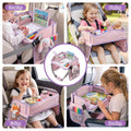 Pink Keezi Kids Travel Tray car seat lap desk with organizer, portable for car and airplane use, designed for kids' comfort.