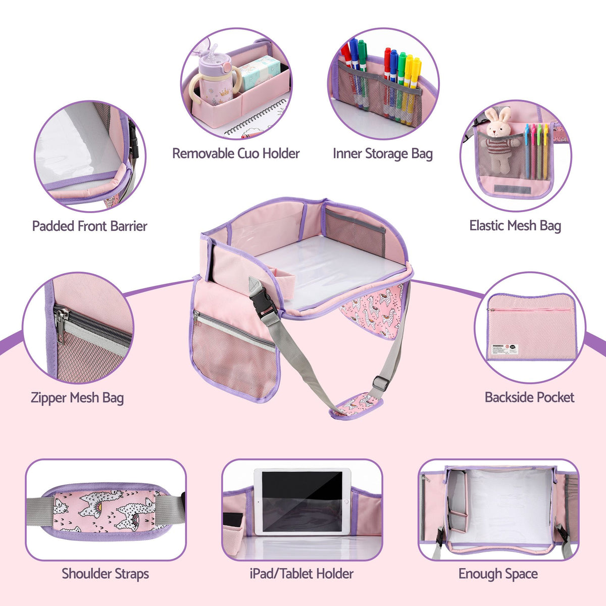 Pink Keezi Kids Travel Tray Car Seat Lap Desk for children, portable organizer for car and airplane use, by Everything Baby.