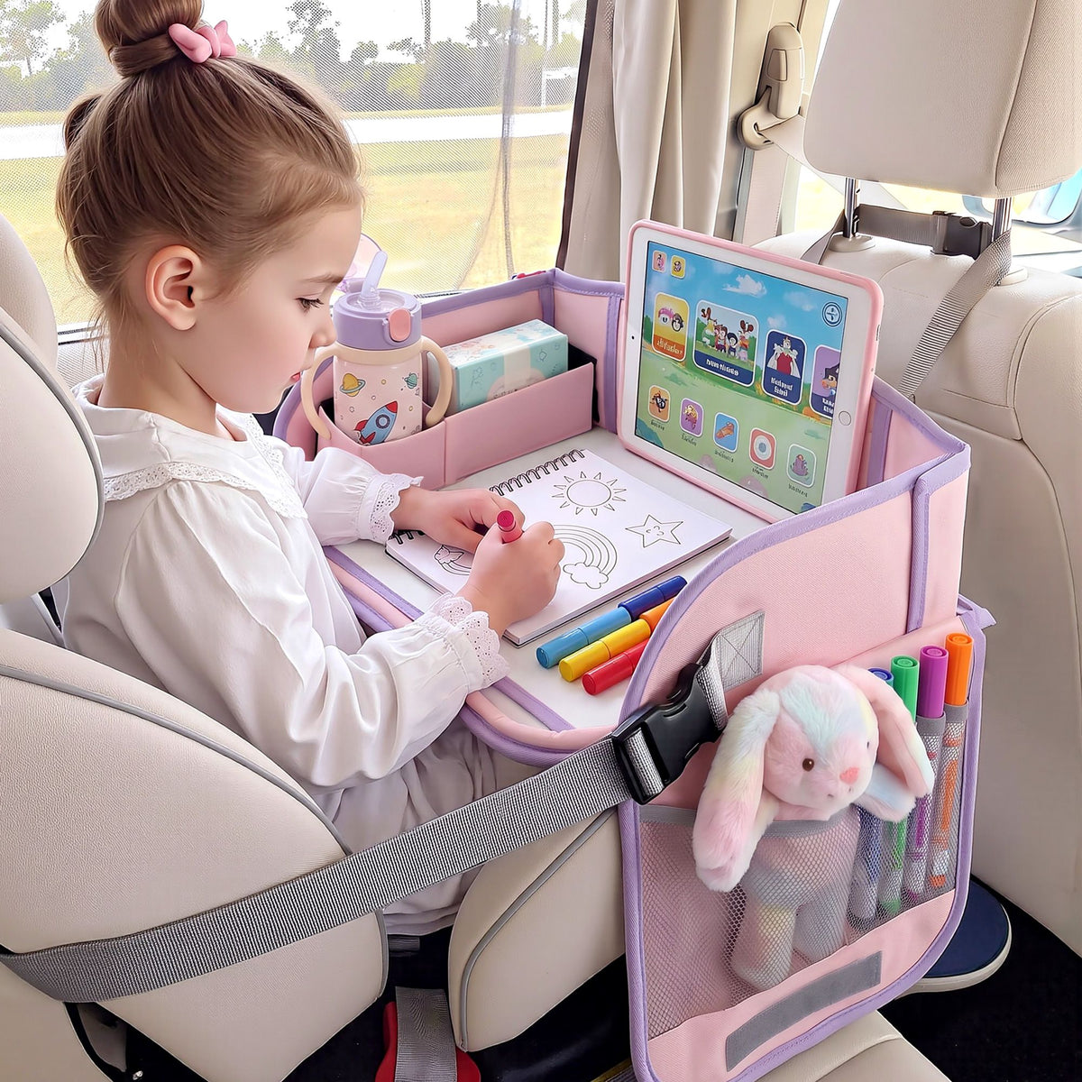 Pink Keezi kids travel tray car seat lap desk with organizer, portable for car and airplane use, designed for kids' desk and travel comfort.