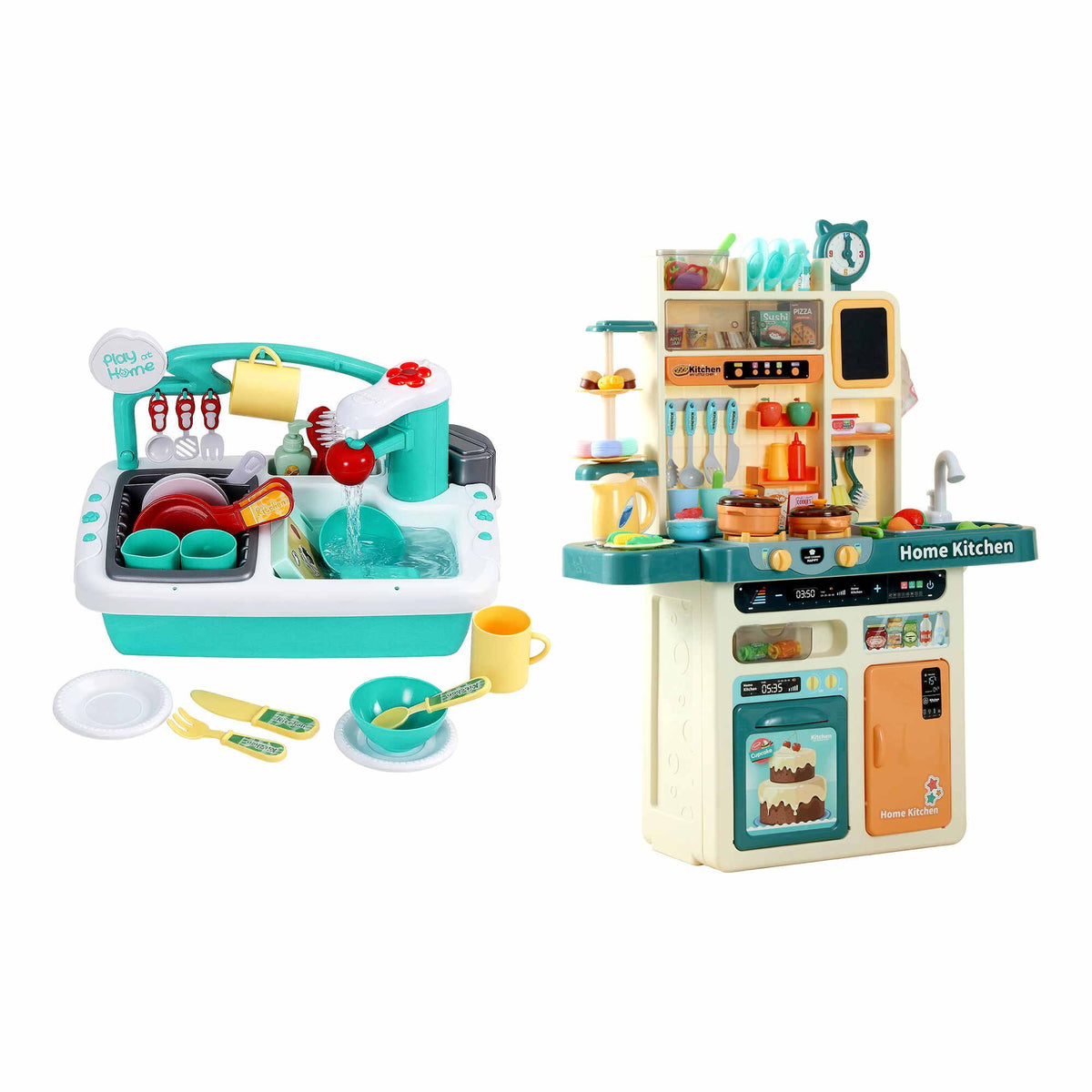 Keezi 2-piece kids pretend kitchen and washing playset with sink toys, designed for imaginative baby and kids pretend play.
