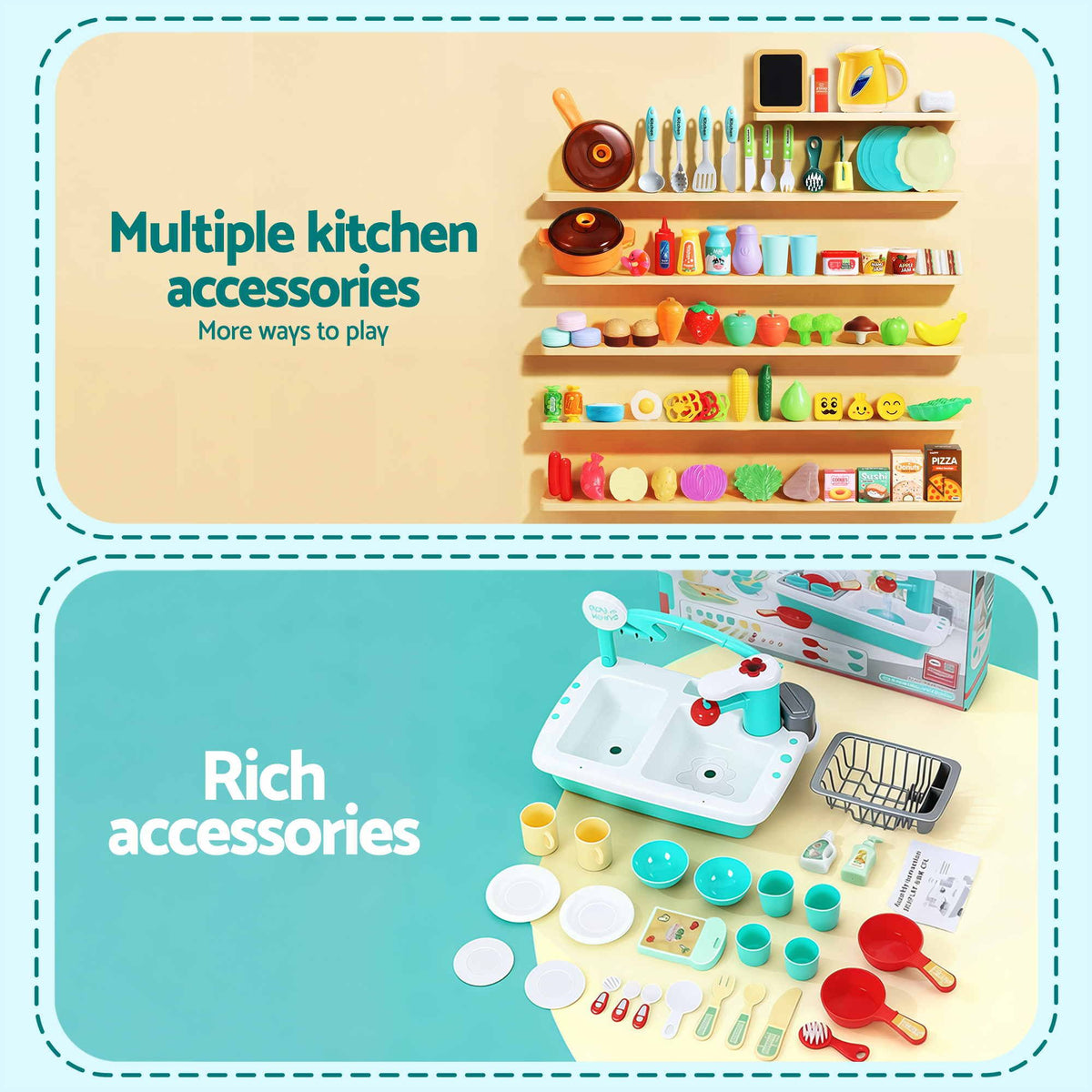 Keezi 2-piece kids pretend kitchen and washing playset with sink toys, designed for imaginative play for toddlers and children.