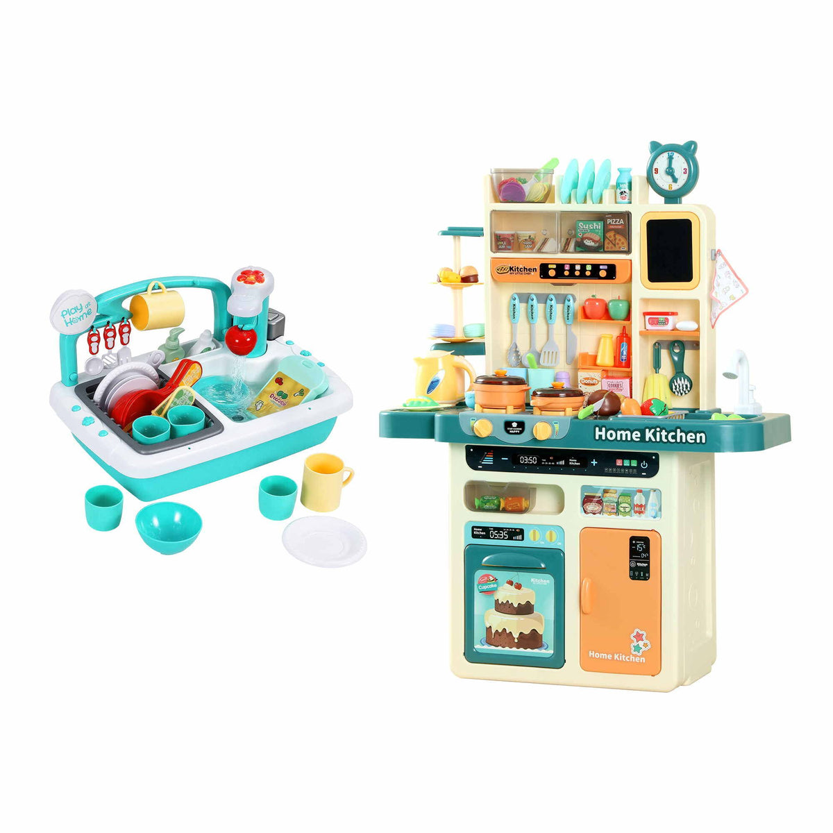Keezi 2-piece kids pretend kitchen and washing playset with sink toys, designed for imaginative baby and kids pretend play.