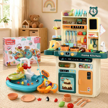 Keezi 2-piece kids pretend kitchen playset with water toys, fishing game, and food for imaginative pretend play.