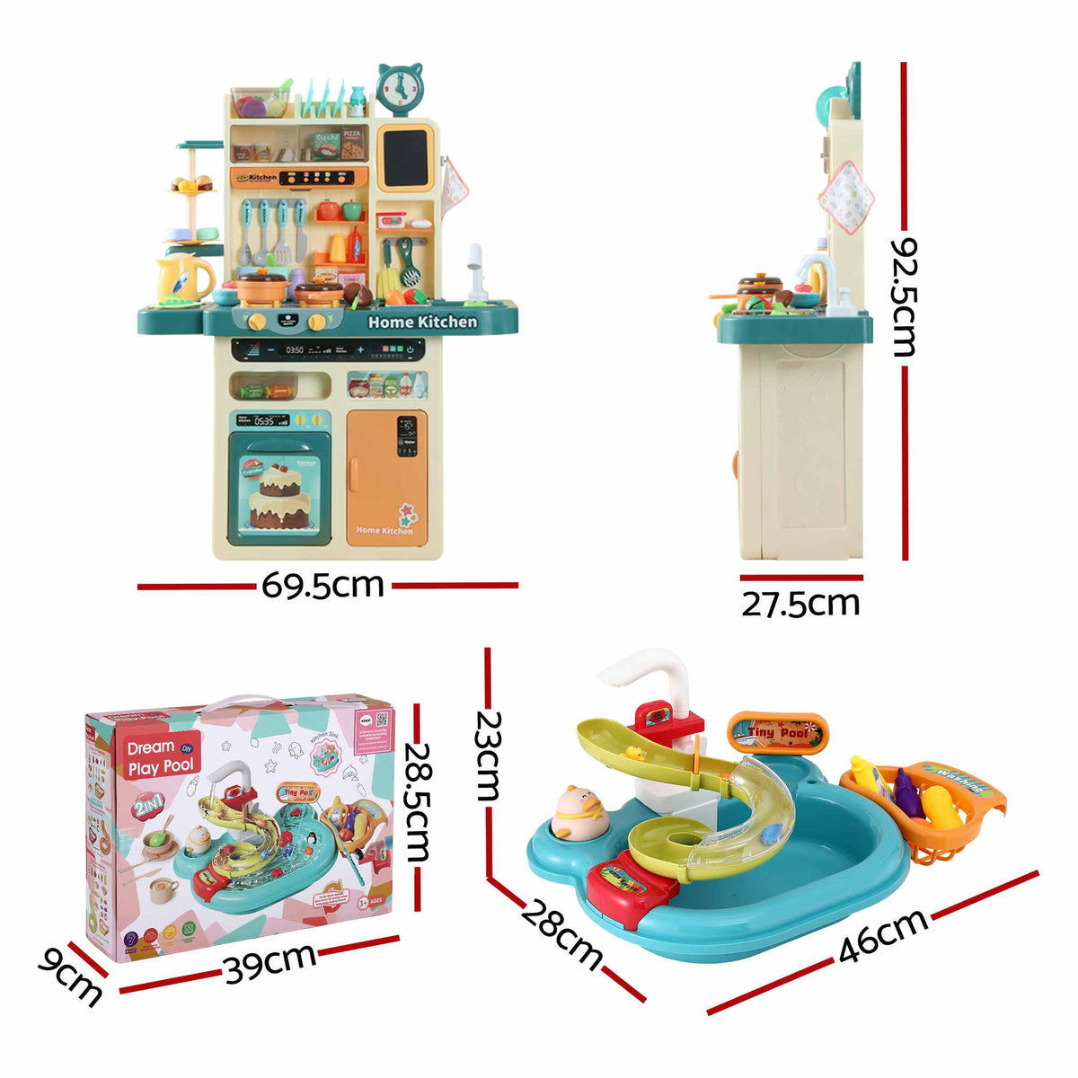 Keezi 2-piece kids pretend kitchen playset with water toys, fishing game, and food accessories for imaginative pretend play.