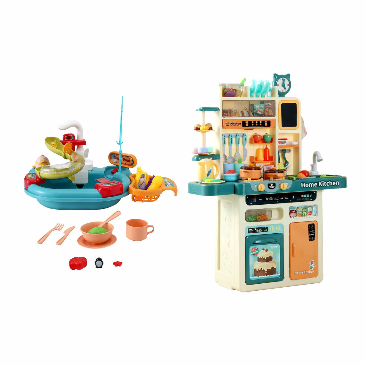 Keezi 2-piece kids pretend kitchen playset with water toys and fishing game, includes play sink and food items for imaginative fun.