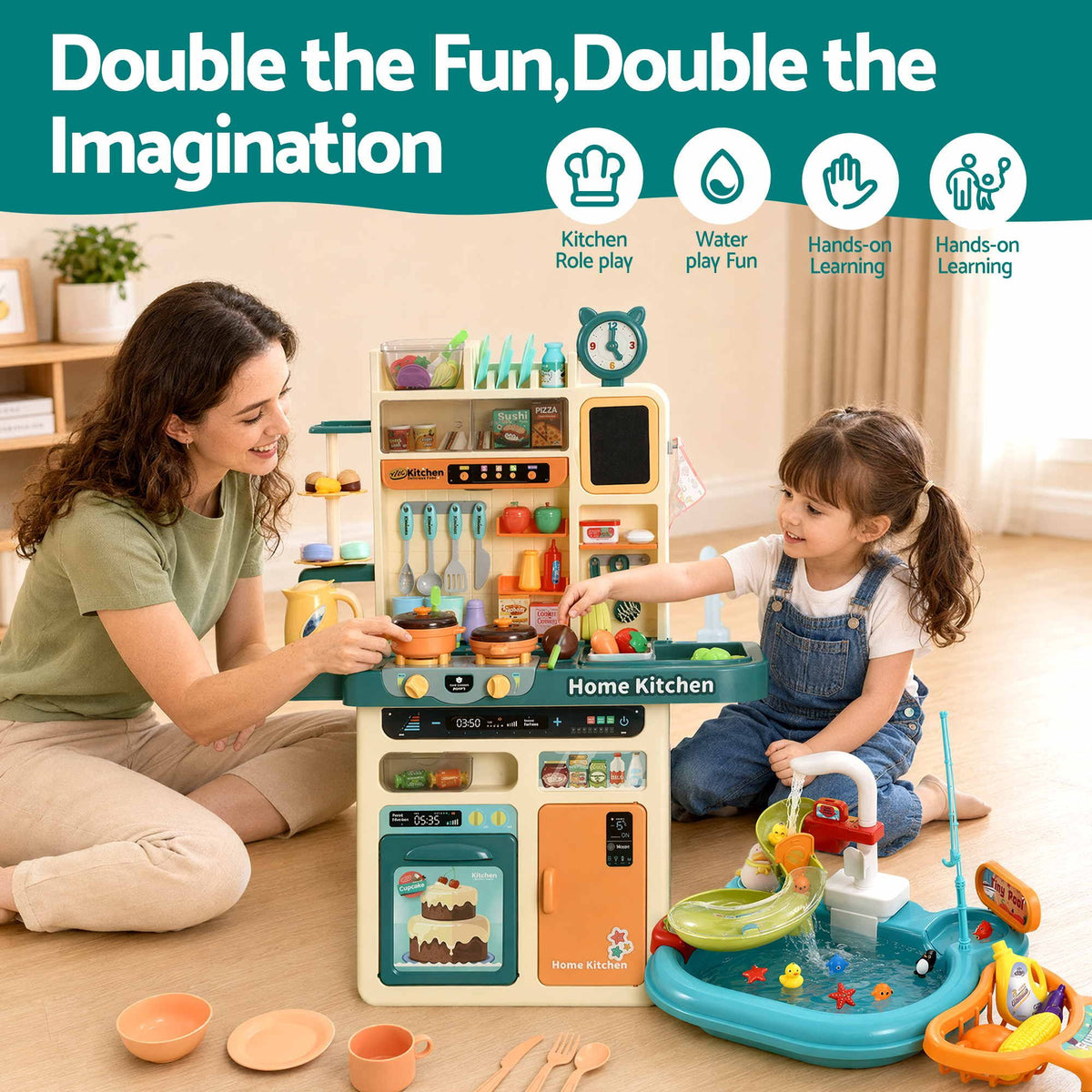 Keezi 2-piece kids pretend kitchen playset with water toys and fishing game, featuring colorful kitchen sink and food accessories.