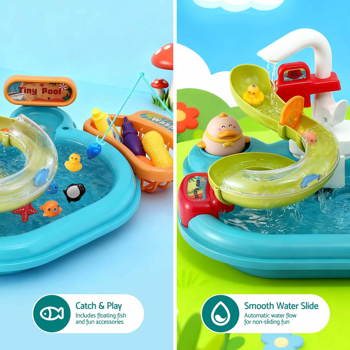 Keezi 2-piece kids pretend kitchen playset with water toys, fishing game, and food accessories for imaginative play.