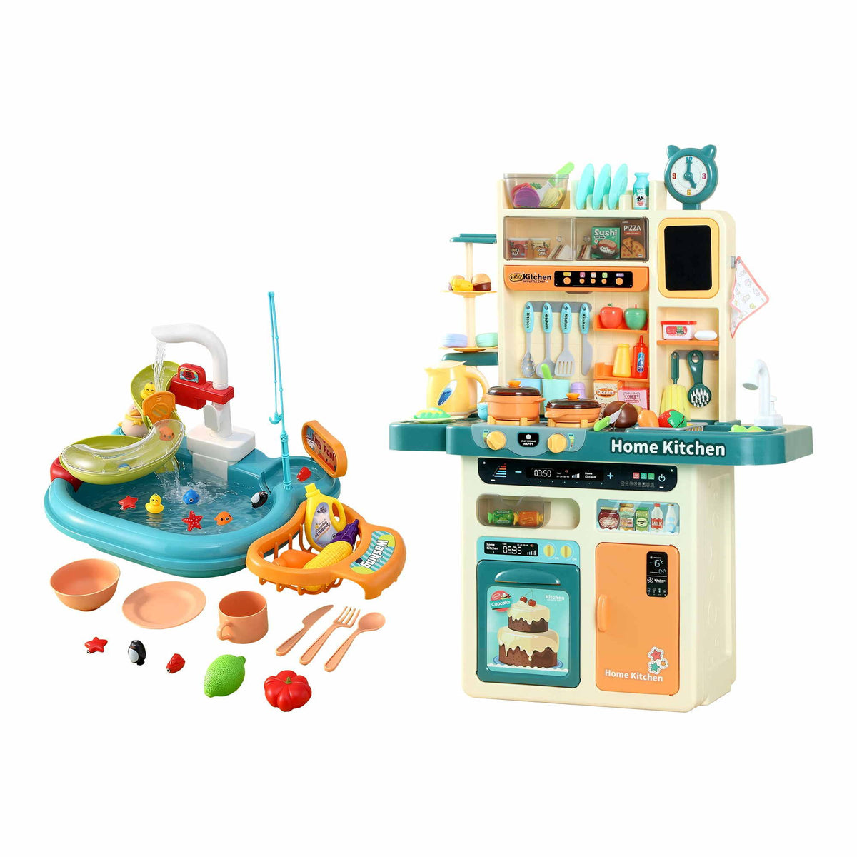 Keezi 2-piece kids pretend kitchen playset with water toys and fishing game, includes play food and sink for imaginative pretend play.
