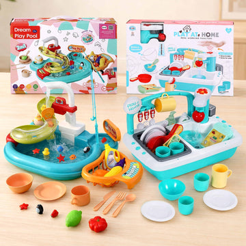 Keezi kids pretend kitchen sink and water playset with fishing game and play food, ideal for baby and kids pretend play activities.