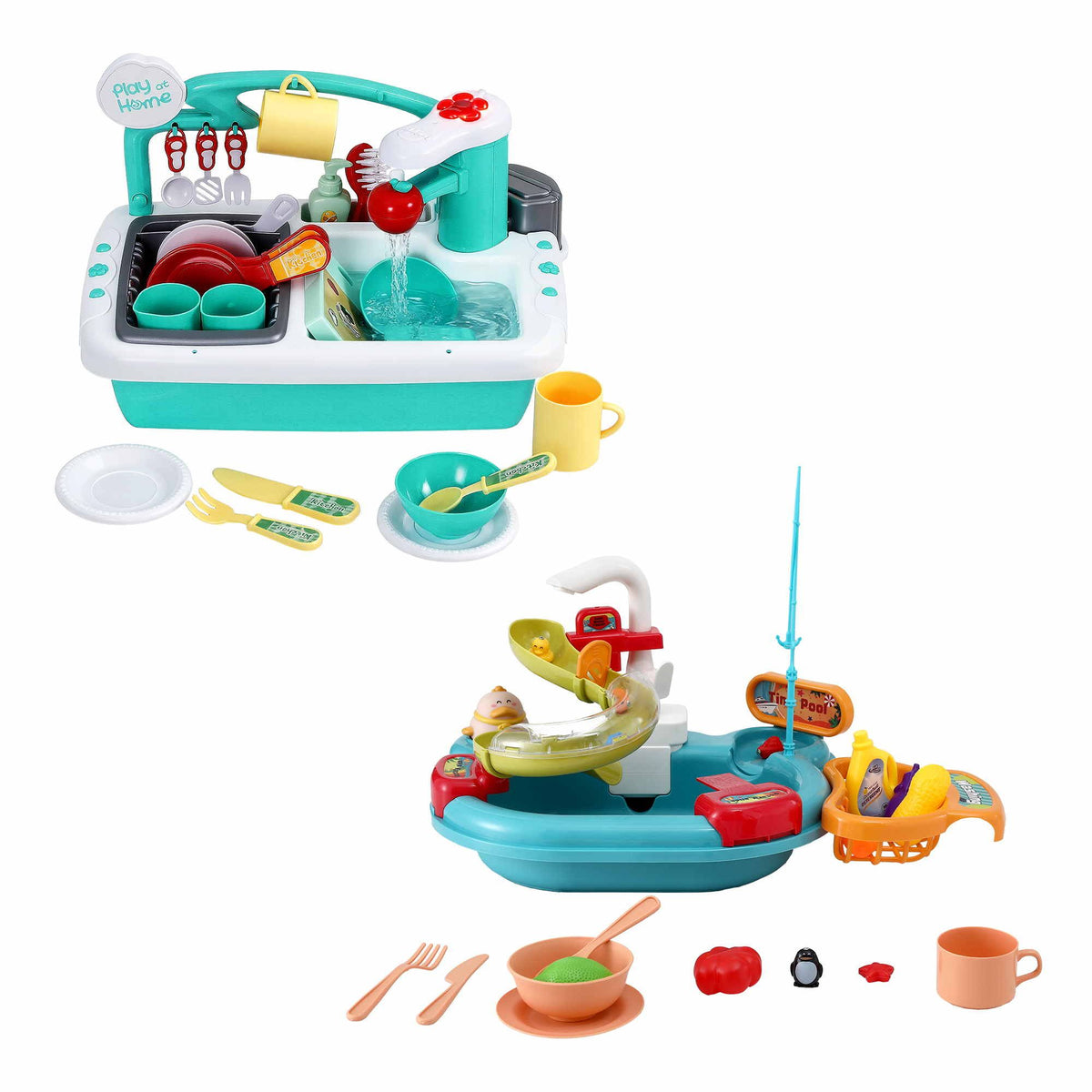 Keezi kids pretend kitchen sink and water playset with fishing game and play food, ideal for imaginative baby and kid's pretend play.