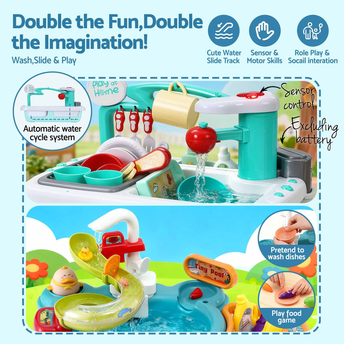 Keezi kids pretend kitchen sink and water playset with fishing game toys and play food for imaginative children’s play.