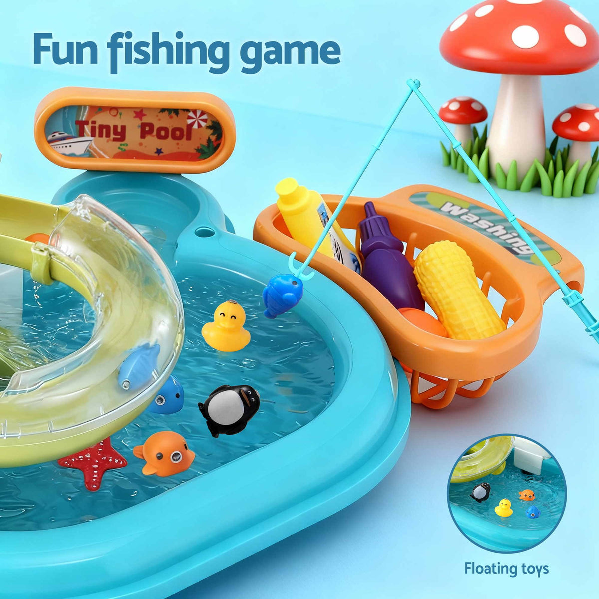 Keezi kids pretend kitchen sink and water playset with fishing game and play food, ideal for imaginative baby and kids pretend play.