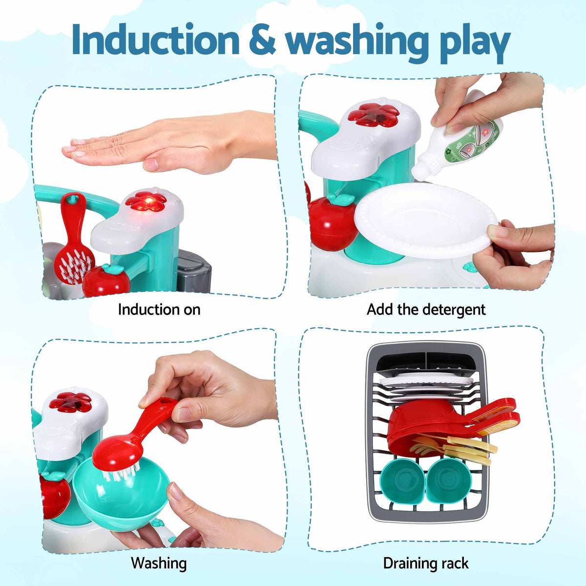 Keezi kids pretend kitchen sink and water playset with fishing game and play food for imaginative toddler play.