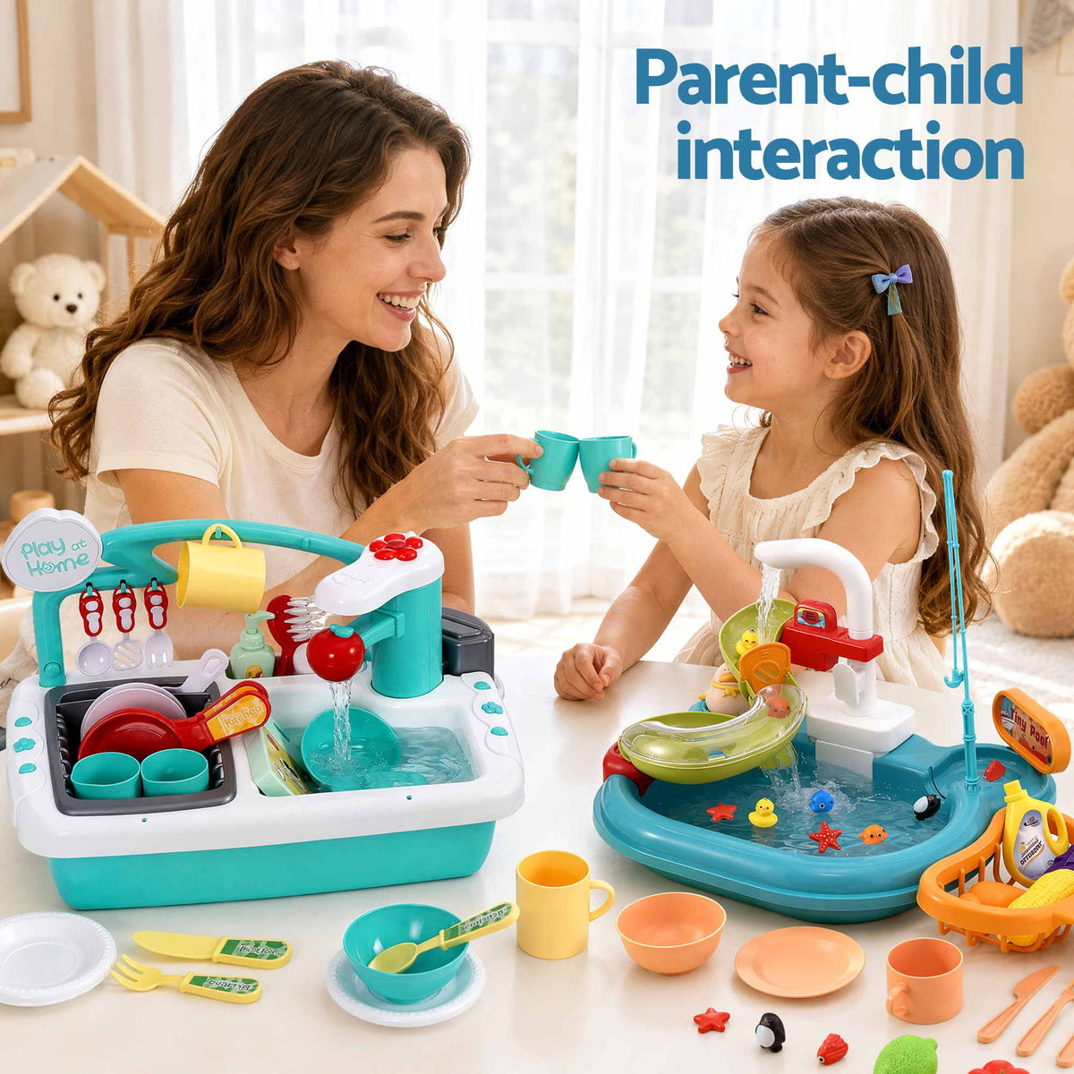 Keezi kids pretend kitchen sink and water playset with fishing game toys, includes play food for imaginative baby and kids pretend play.