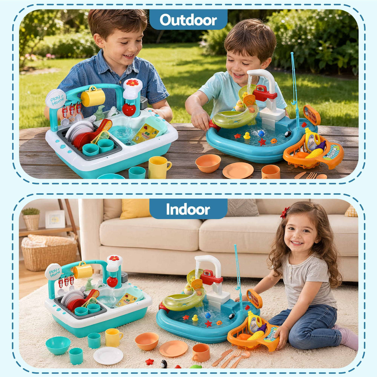 Keezi kids pretend kitchen sink and water playset with fishing game toys and play food for imaginative pretend play.