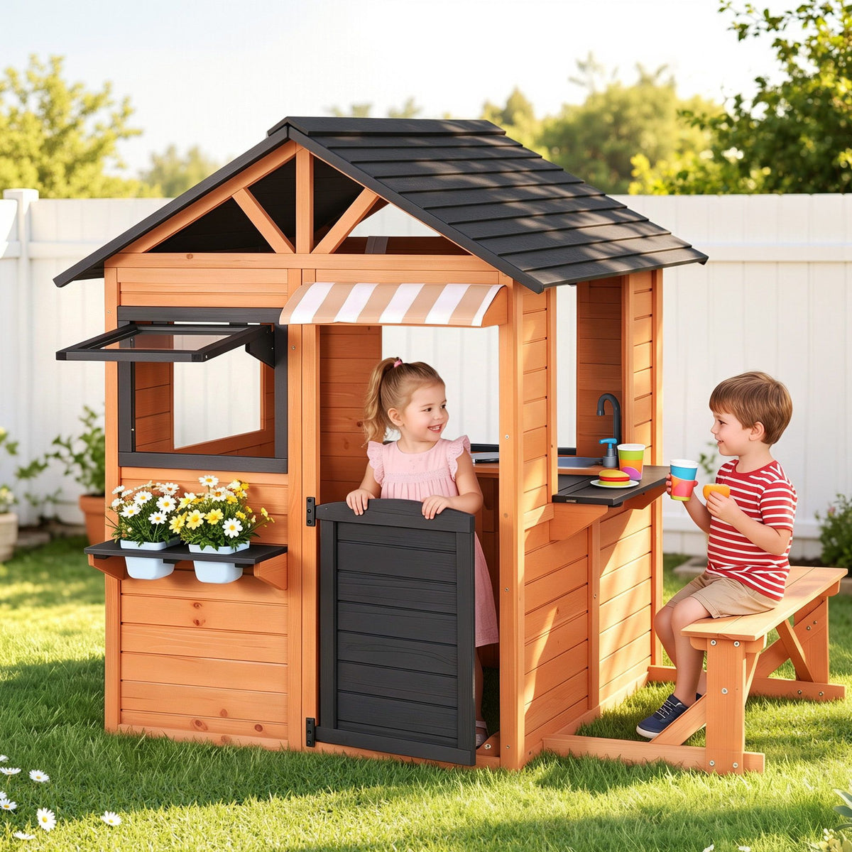 Wooden pretend kitchen cubby house for kids by Everything Baby, outdoor playhouse with side bench for imaginative play.