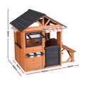 Wooden pretend kitchen playhouse with cubby house design and side bench for kids, from Everything Baby, outdoor kids’ toy.
