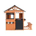 Wooden pretend kitchen and cubby house for kids by Everything Baby, outdoor playhouse with side bench and realistic play features.