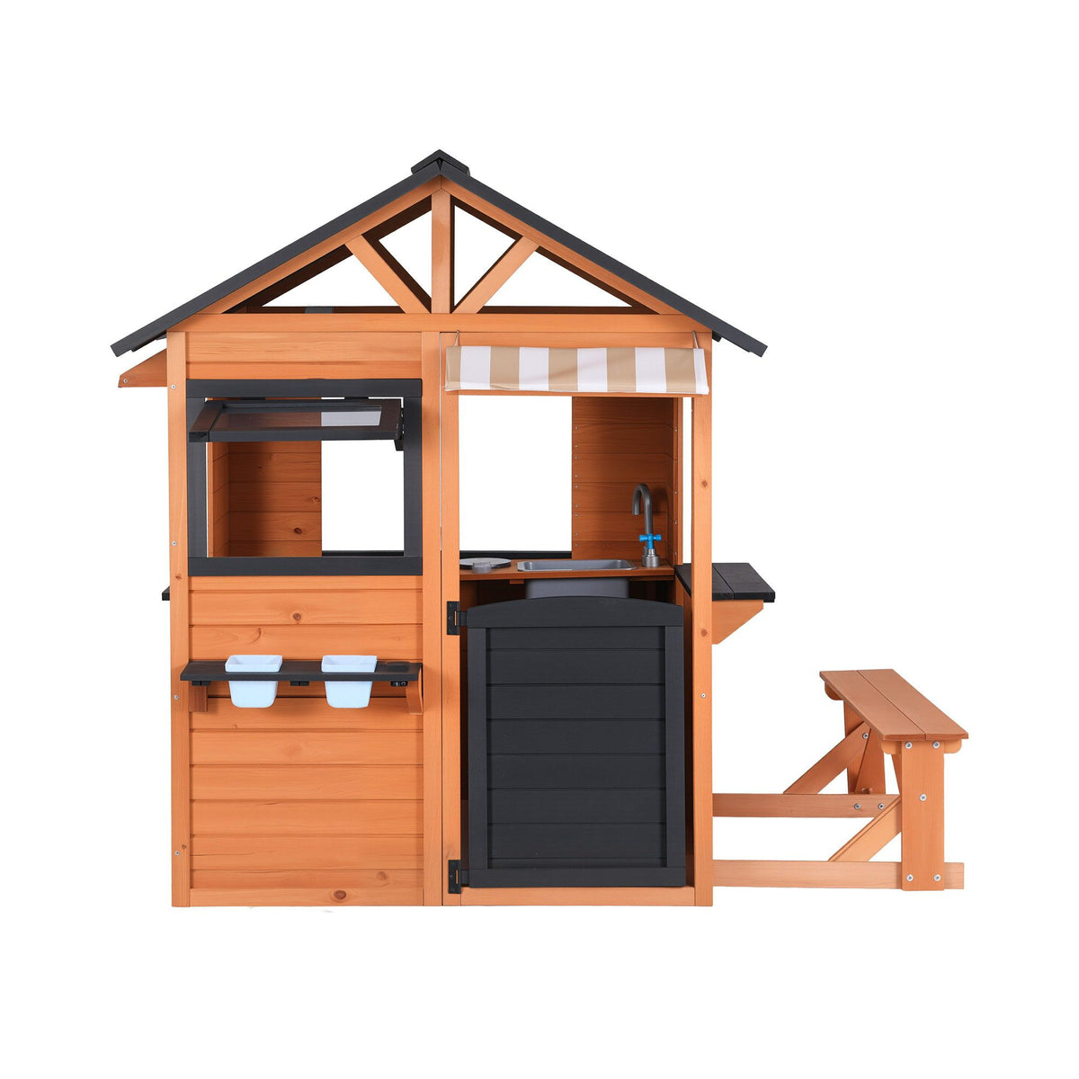 Wooden pretend kitchen and cubby house for kids by Everything Baby, outdoor playhouse with side bench and realistic play features.