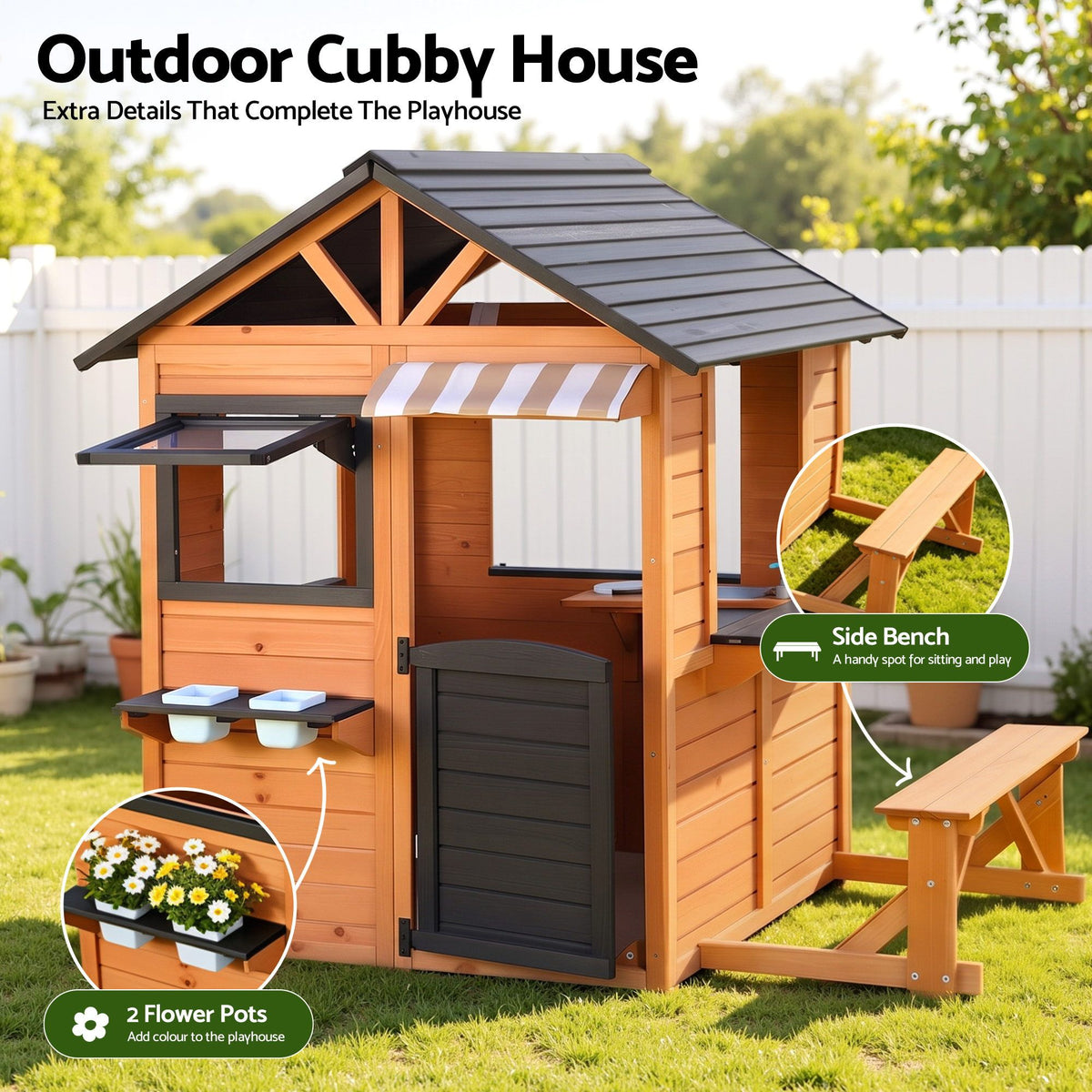 Wooden pretend kitchen cubby house outdoor playhouse with side bench for kids, from Everything Baby, suitable for outdoor pretend play.